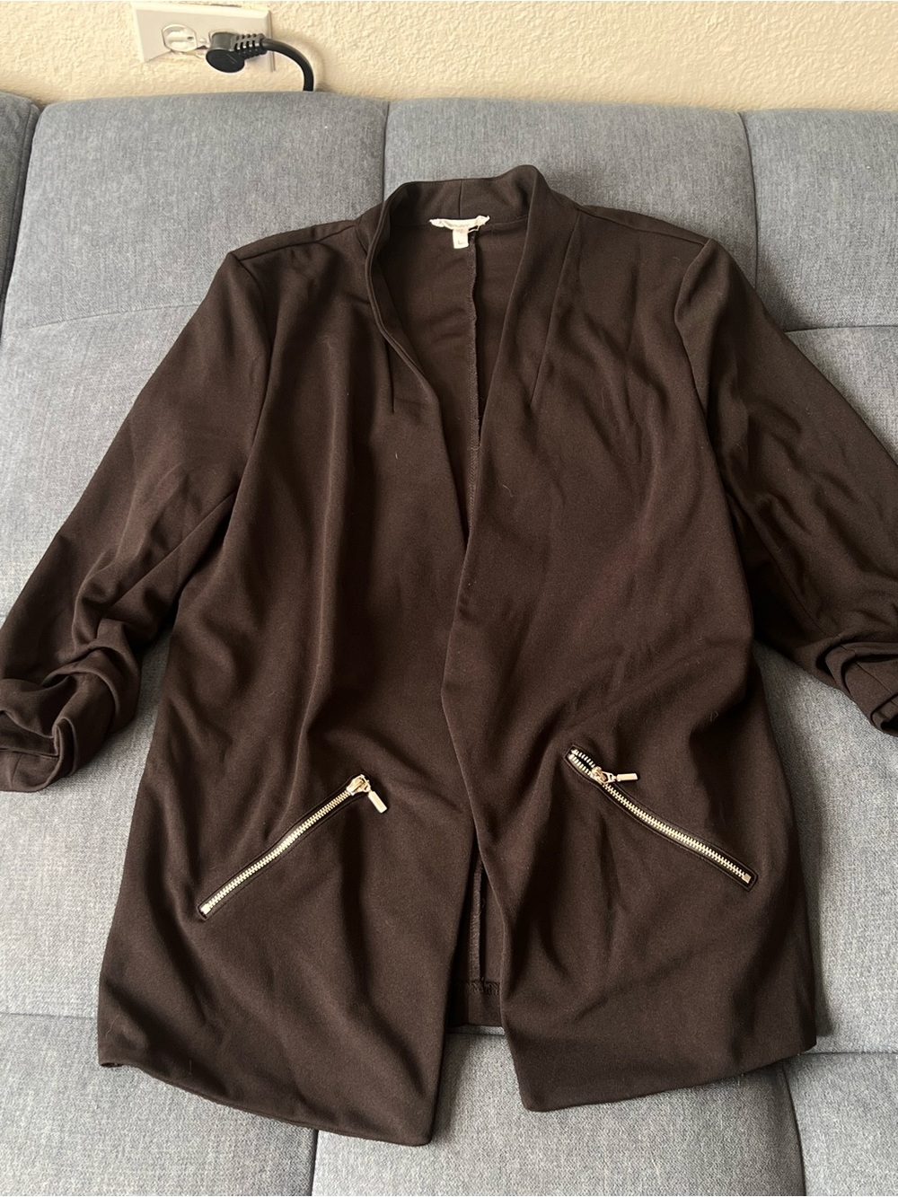 Women's Black Open Front Jacket with Zip Pockets